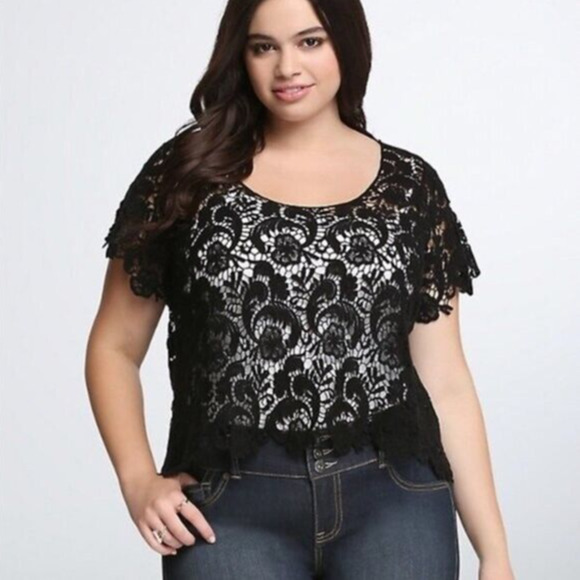 torrid Tops - Torrid Floral Sheer Crochet Lace Crop Top Black Women's Plus Size 3 3X H14709